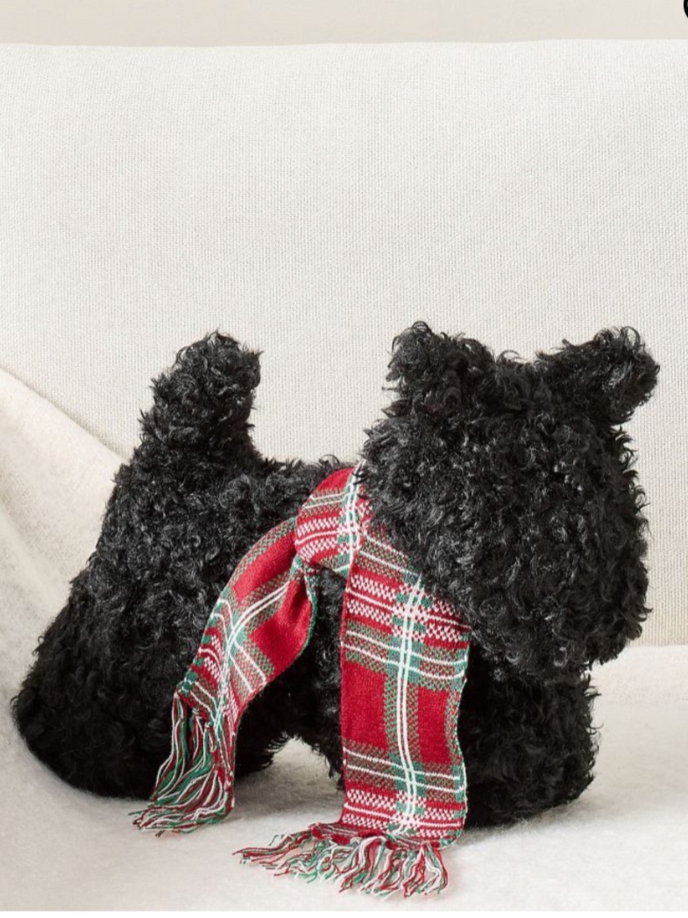 Pottery Barn Finn The Scottie Dog Holiday Dog Shaped Pillow with Plaid Scarf